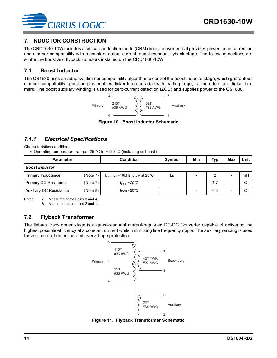 Inductor construction, 1 boost inductor, 1 electrical specifications | 2 flyback transformer | Cirrus Logic CRD1630-10W User Manual | Page 14 / 24