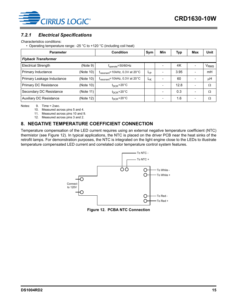 1 electrical specifications, Negative temperature coefficient connection | Cirrus Logic CRD1630-10W User Manual | Page 15 / 24