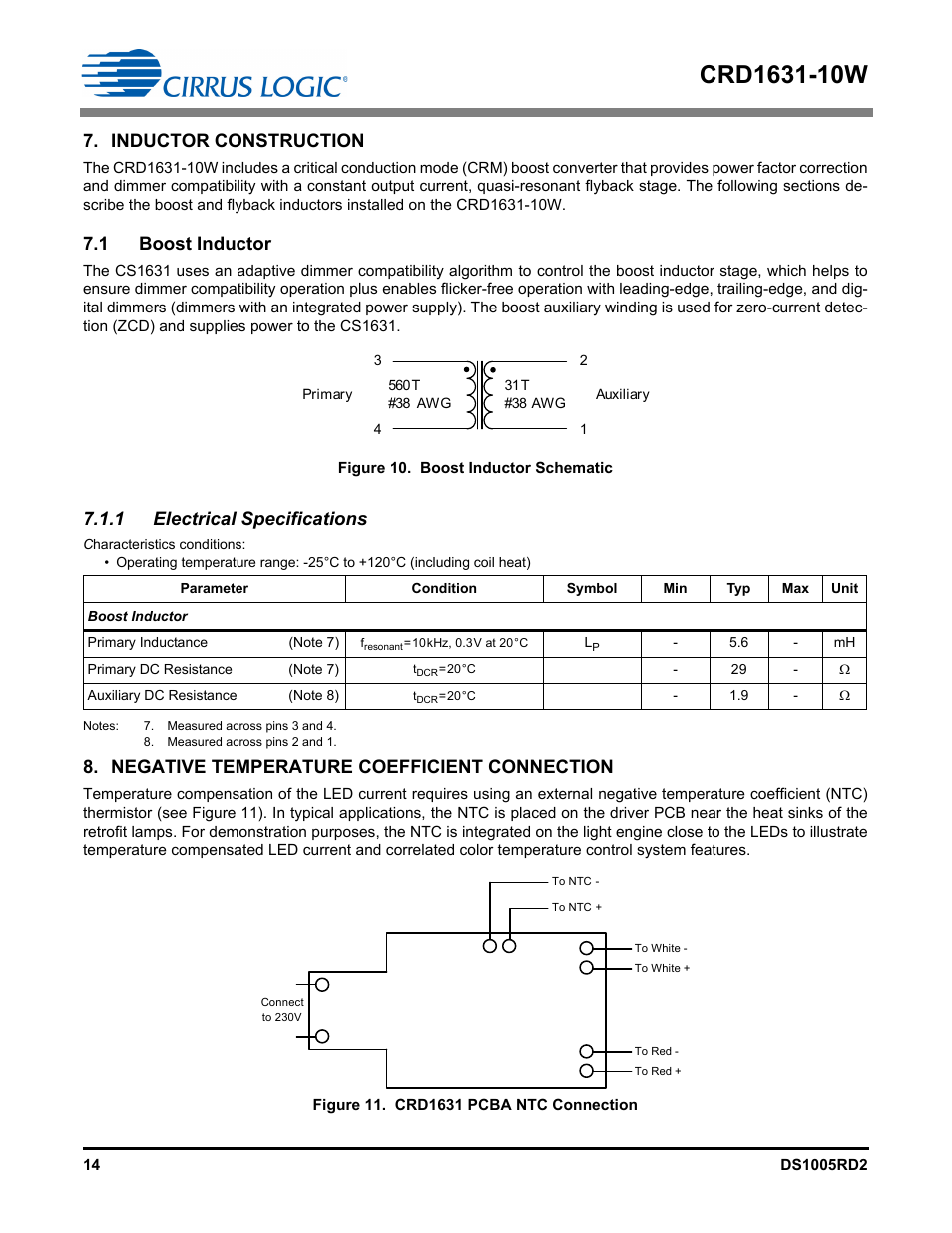 Inductor construction, 1 boost inductor, 1 electrical specifications | Negative temperature coefficient connection | Cirrus Logic CRD1631-10W User Manual | Page 14 / 25