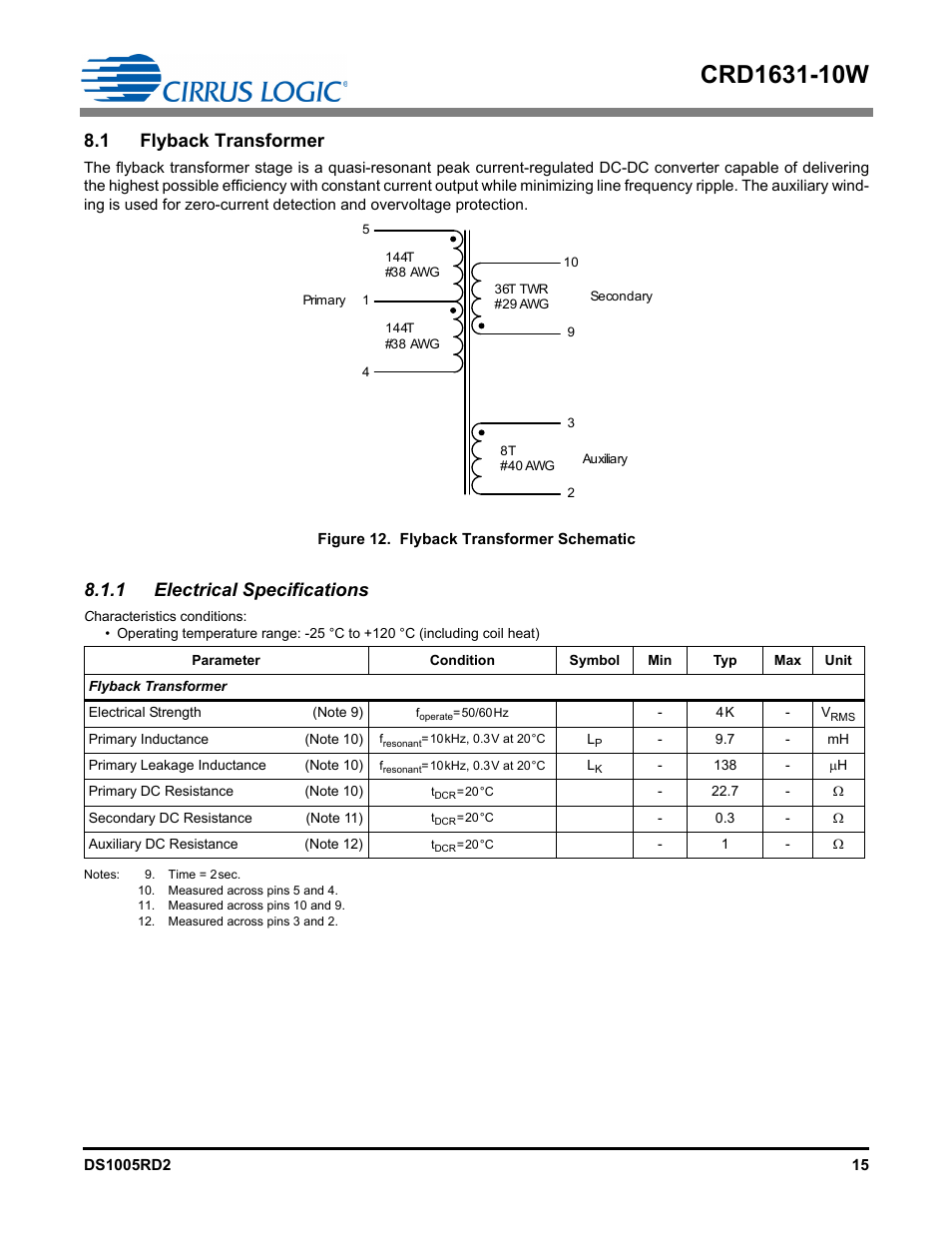 1 flyback transformer, 1 electrical specifications | Cirrus Logic CRD1631-10W User Manual | Page 15 / 25