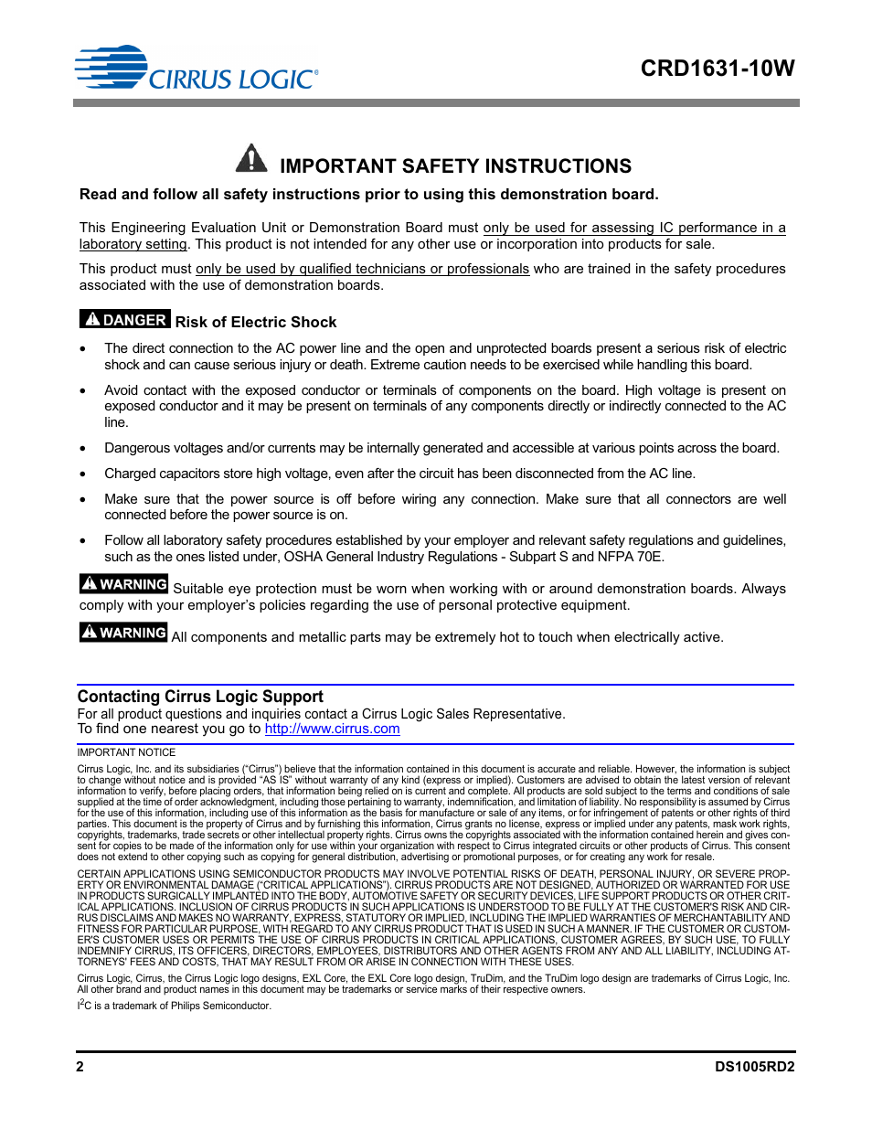 Important safety instructions, Contacting cirrus logic support | Cirrus Logic CRD1631-10W User Manual | Page 2 / 25