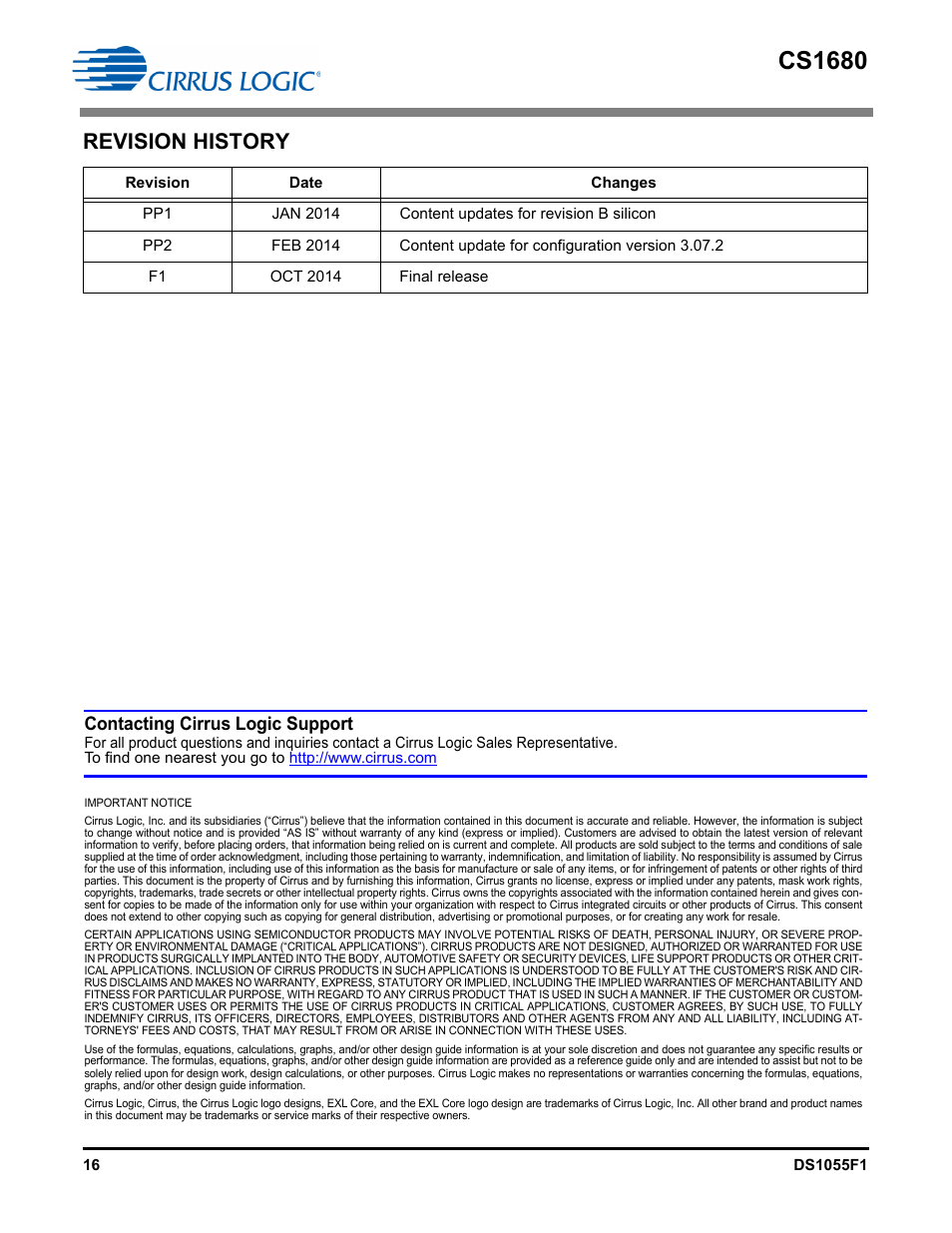 Cs1680, Revision history, Contacting cirrus logic support | Cirrus Logic CS1680 User Manual | Page 16 / 16