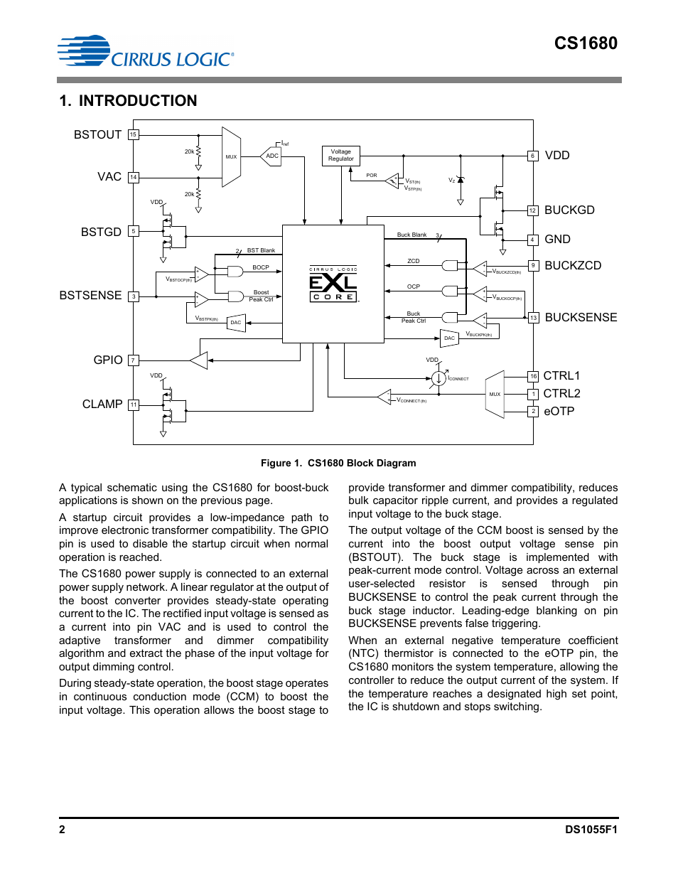 Introduction, Cs1680, Bucksense | Buckzcd, Buckgd vac, Bstout, Clamp, Bstgd, Gpio, Bstsense | Cirrus Logic CS1680 User Manual | Page 2 / 16