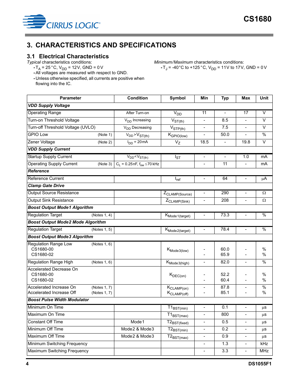 Characteristics and specifications, 1 electrical characteristics, Cs1680 | Cirrus Logic CS1680 User Manual | Page 4 / 16