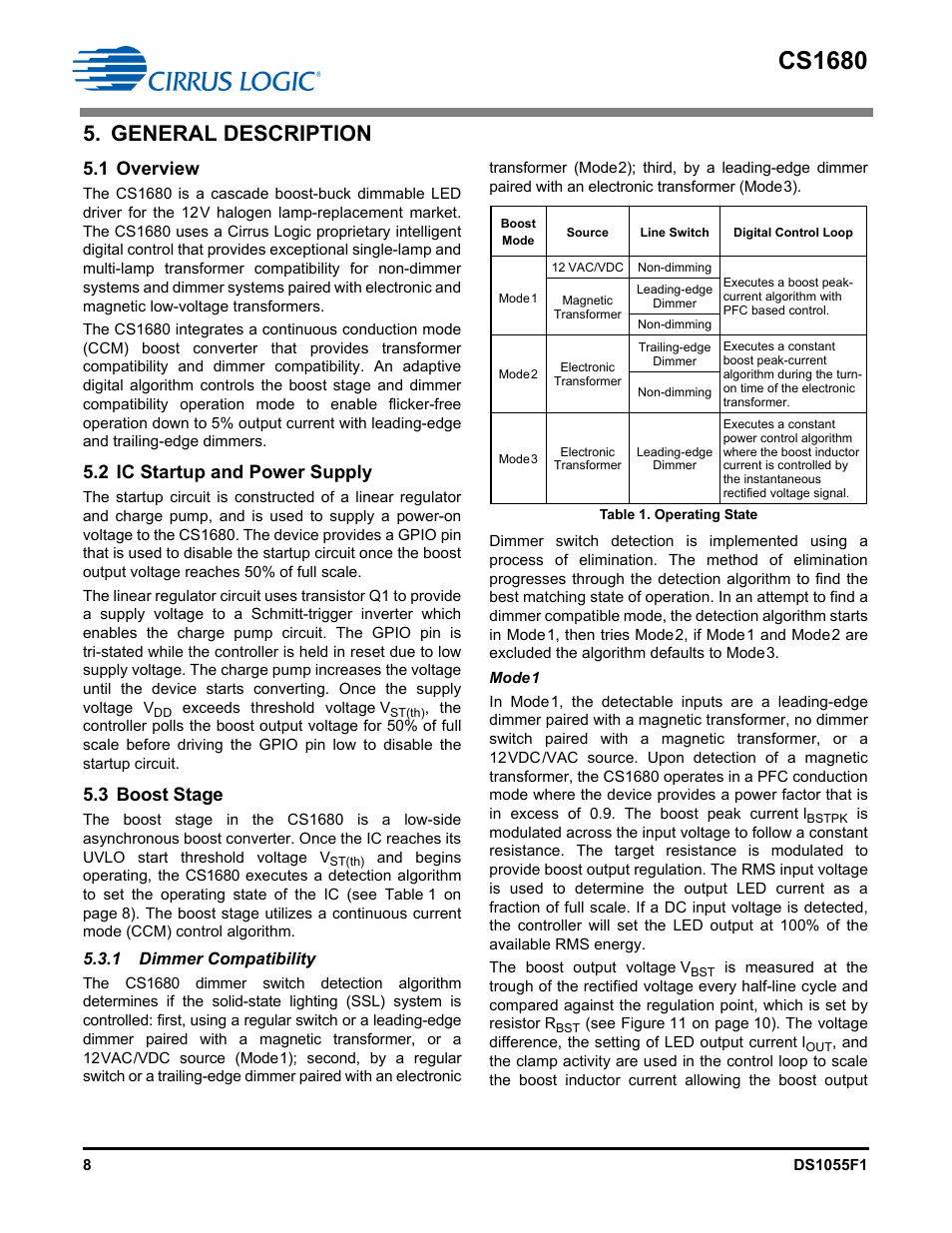 General description, 1 overview, 2 ic startup and power supply | 3 boost stage, 1 dimmer compatibility, Cs1680 | Cirrus Logic CS1680 User Manual | Page 8 / 16