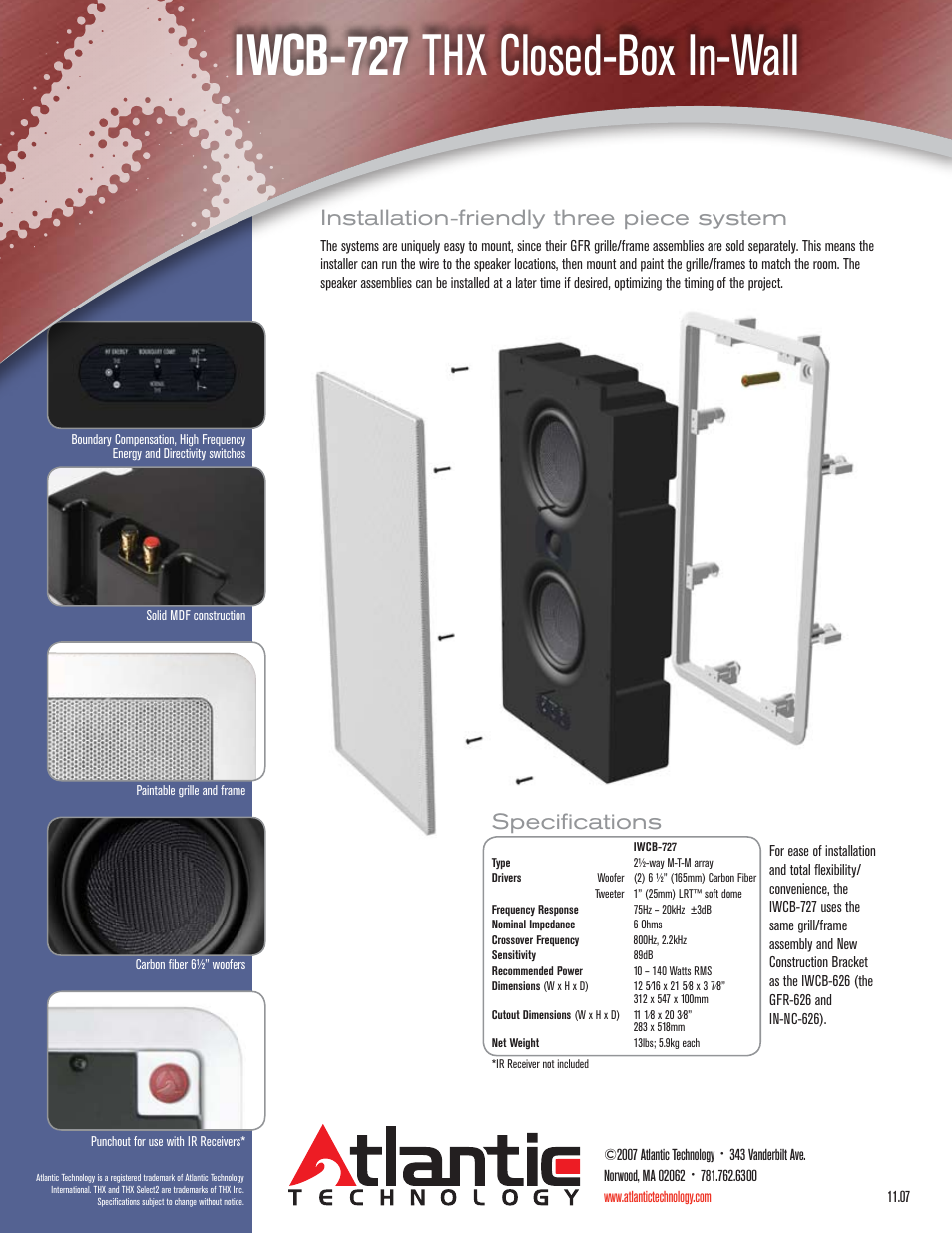Iwcb-727 thx closed-box in-wall, Specifications, Installation-friendly three piece system | Atlantic Technology IWCB-727 THX User Manual | Page 2 / 2