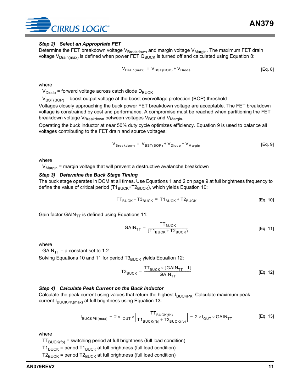 Step 2) select an appropriate fet, Step 3) determine the buck stage timing, An379 | Cirrus Logic AN379 User Manual | Page 11 / 31