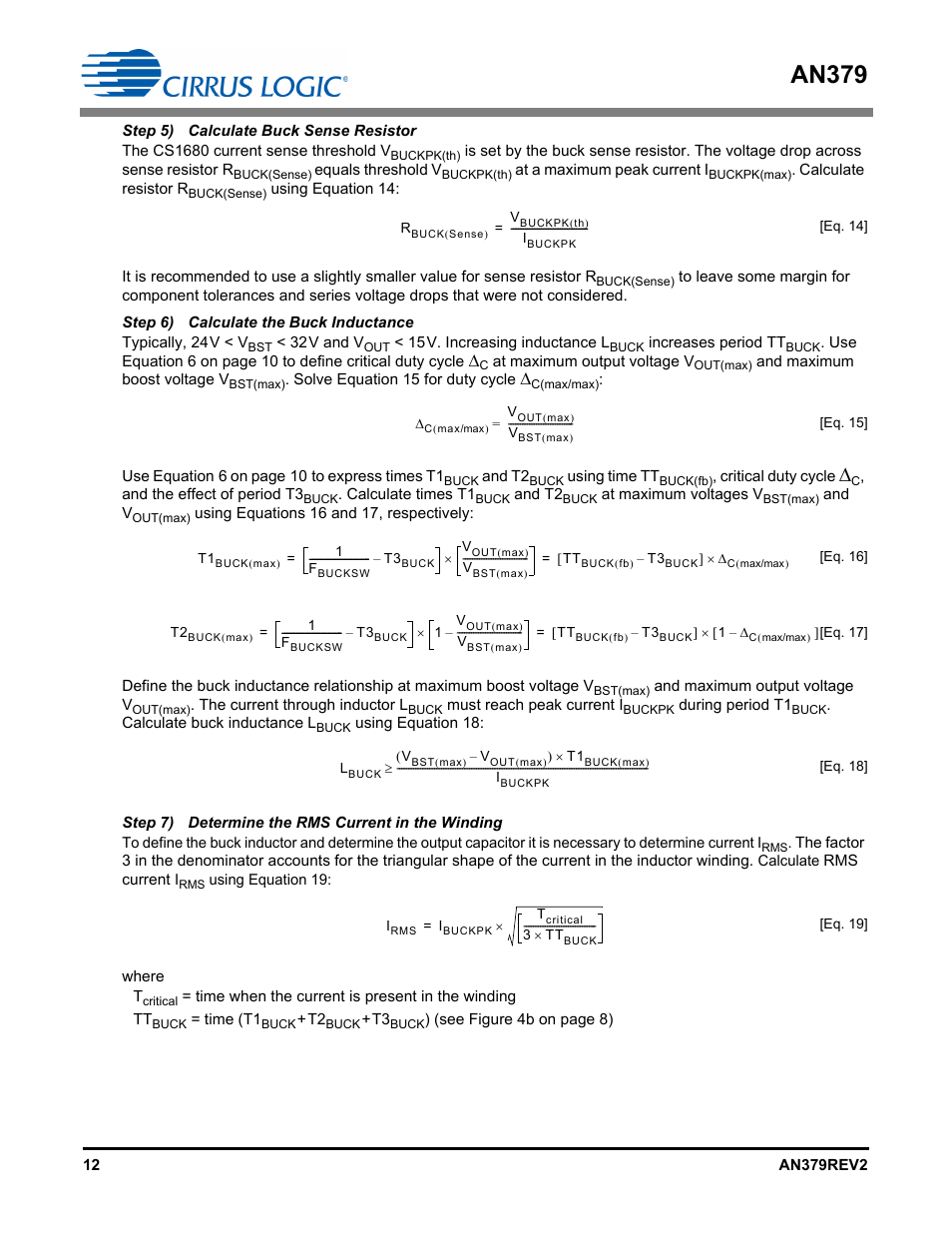 Step 5) calculate buck sense resistor, Step 6) calculate the buck inductance, Step 7) determine the rms current in the winding | An379 | Cirrus Logic AN379 User Manual | Page 12 / 31