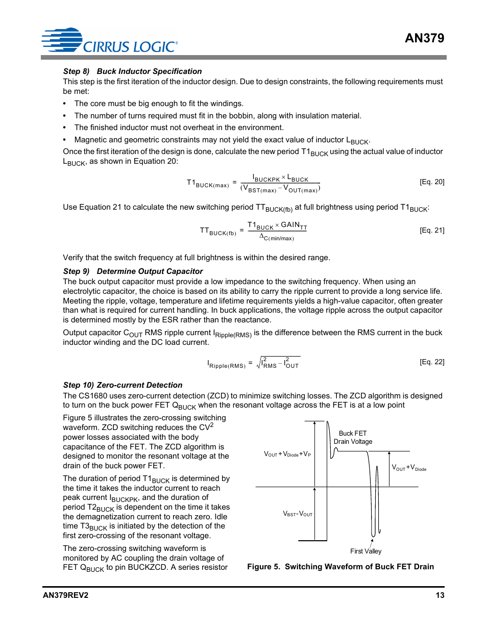 Step 8) buck inductor specification, Step 9) determine output capacitor, Step 10) zero-current detection | An379 | Cirrus Logic AN379 User Manual | Page 13 / 31