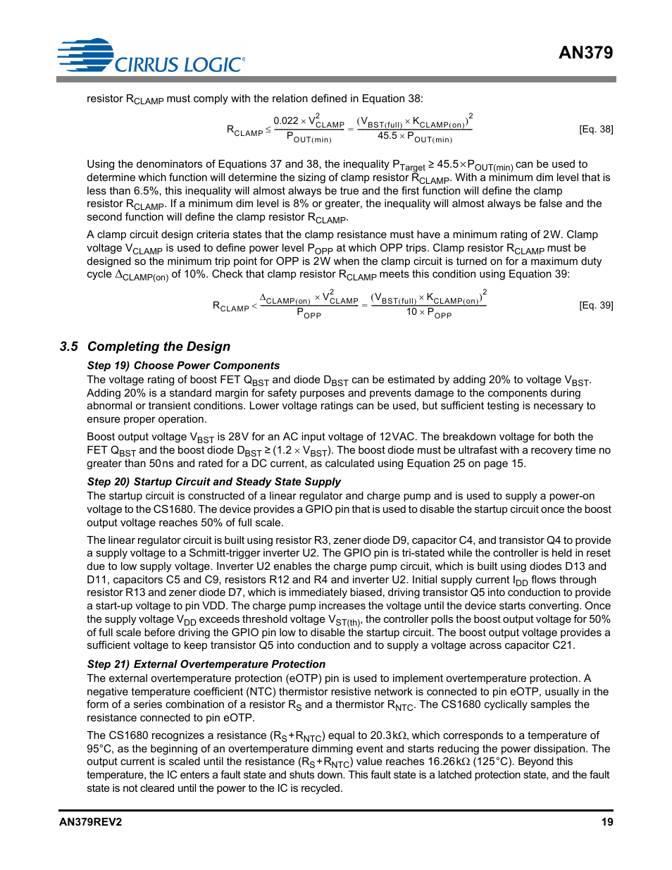 5 completing the design, Step 19) choose power components, Step 20) startup circuit and steady state supply | Step 21) external overtemperature protection, An379 | Cirrus Logic AN379 User Manual | Page 19 / 31