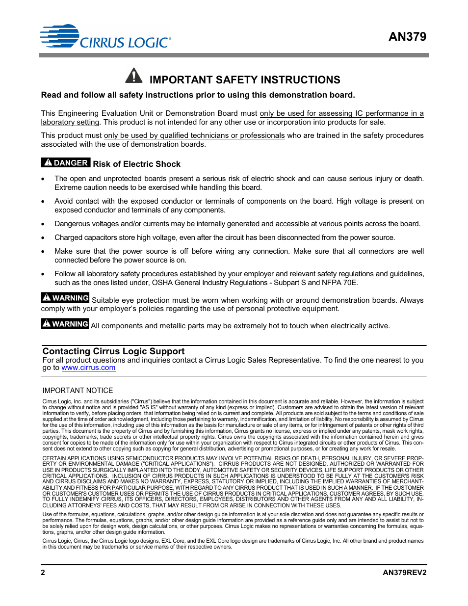 An379, Important safety instructions, Contacting cirrus logic support | Cirrus Logic AN379 User Manual | Page 2 / 31