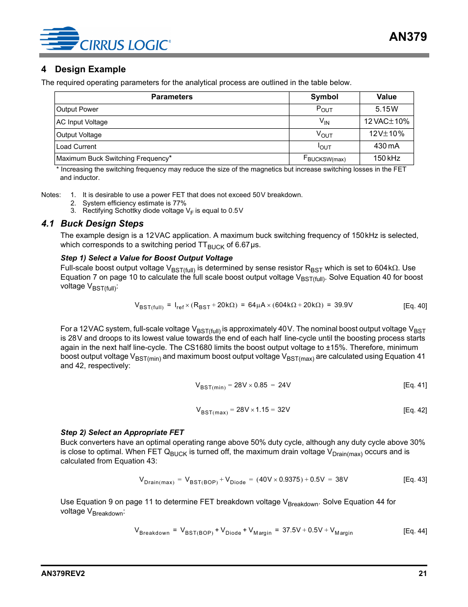 4 design example, 1 buck design steps, Step 1) select a value for boost output voltage | Step 2) select an appropriate fet, An379 | Cirrus Logic AN379 User Manual | Page 21 / 31