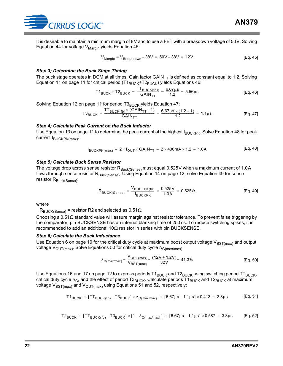 Step 3) determine the buck stage timing, Step 5) calculate buck sense resistor, Step 6) calculate the buck inductance | An379 | Cirrus Logic AN379 User Manual | Page 22 / 31