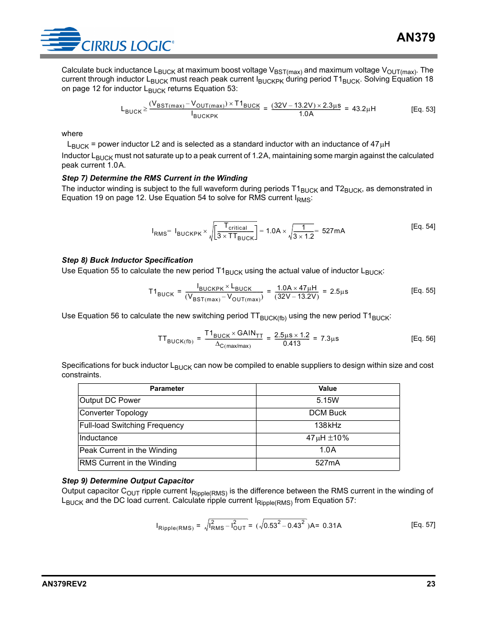 Step 7) determine the rms current in the winding, Step 8) buck inductor specification, Step 9) determine output capacitor | An379 | Cirrus Logic AN379 User Manual | Page 23 / 31