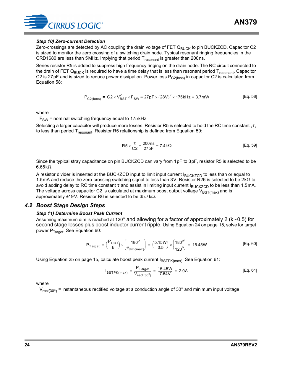 Step 10) zero-current detection, 2 boost stage design steps, Step 11) determine boost peak current | An379 | Cirrus Logic AN379 User Manual | Page 24 / 31