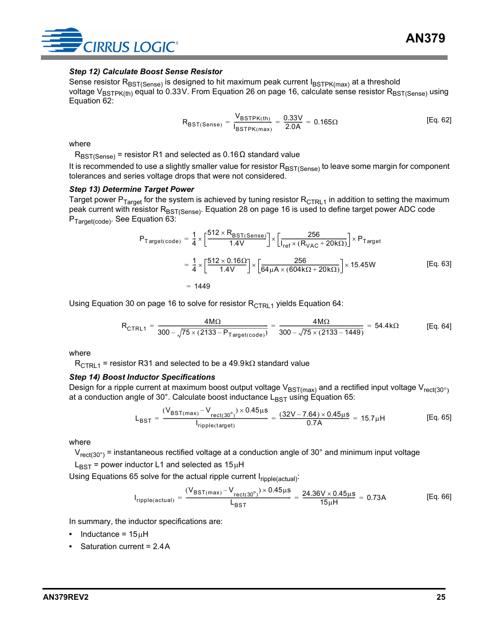 Step 12) calculate boost sense resistor, Step 13) determine target power, Step 14) boost inductor specifications | An379 | Cirrus Logic AN379 User Manual | Page 25 / 31
