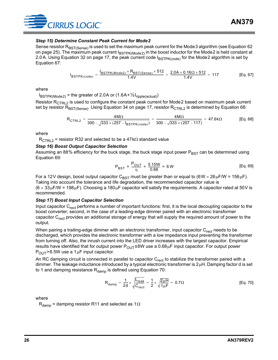 Step 16) boost output capacitor selection, Step 17) boost input capacitor selection, An379 | Cirrus Logic AN379 User Manual | Page 26 / 31