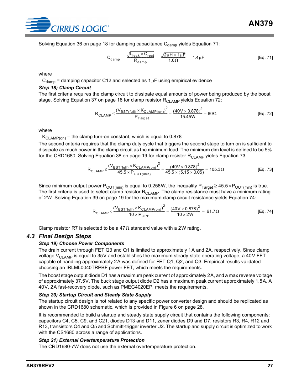 Step 18) clamp circuit, 3 final design steps, Step 19) choose power components | Step 20) startup circuit and steady state supply, Step 21) external overtemperature protection, An379 | Cirrus Logic AN379 User Manual | Page 27 / 31