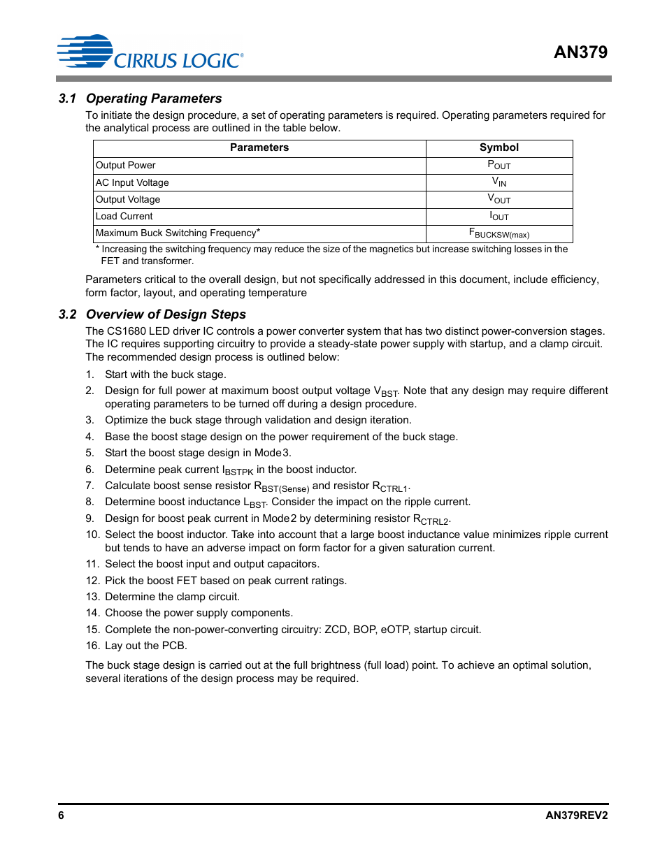 1 operating parameters, 2 overview of design steps, An379 | Cirrus Logic AN379 User Manual | Page 6 / 31