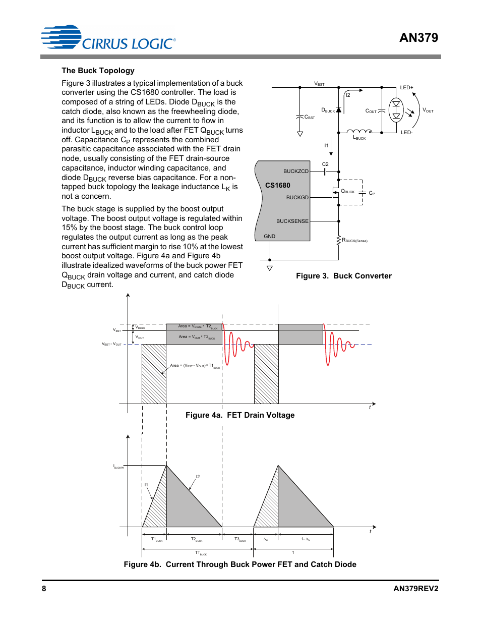 An379, And to the load after fet q, Turns off. capacitance c | Drain voltage and current, and catch diode d, Current, Figure 3. buck converter, Figure 4a. fet drain voltage, Cs1680 | Cirrus Logic AN379 User Manual | Page 8 / 31