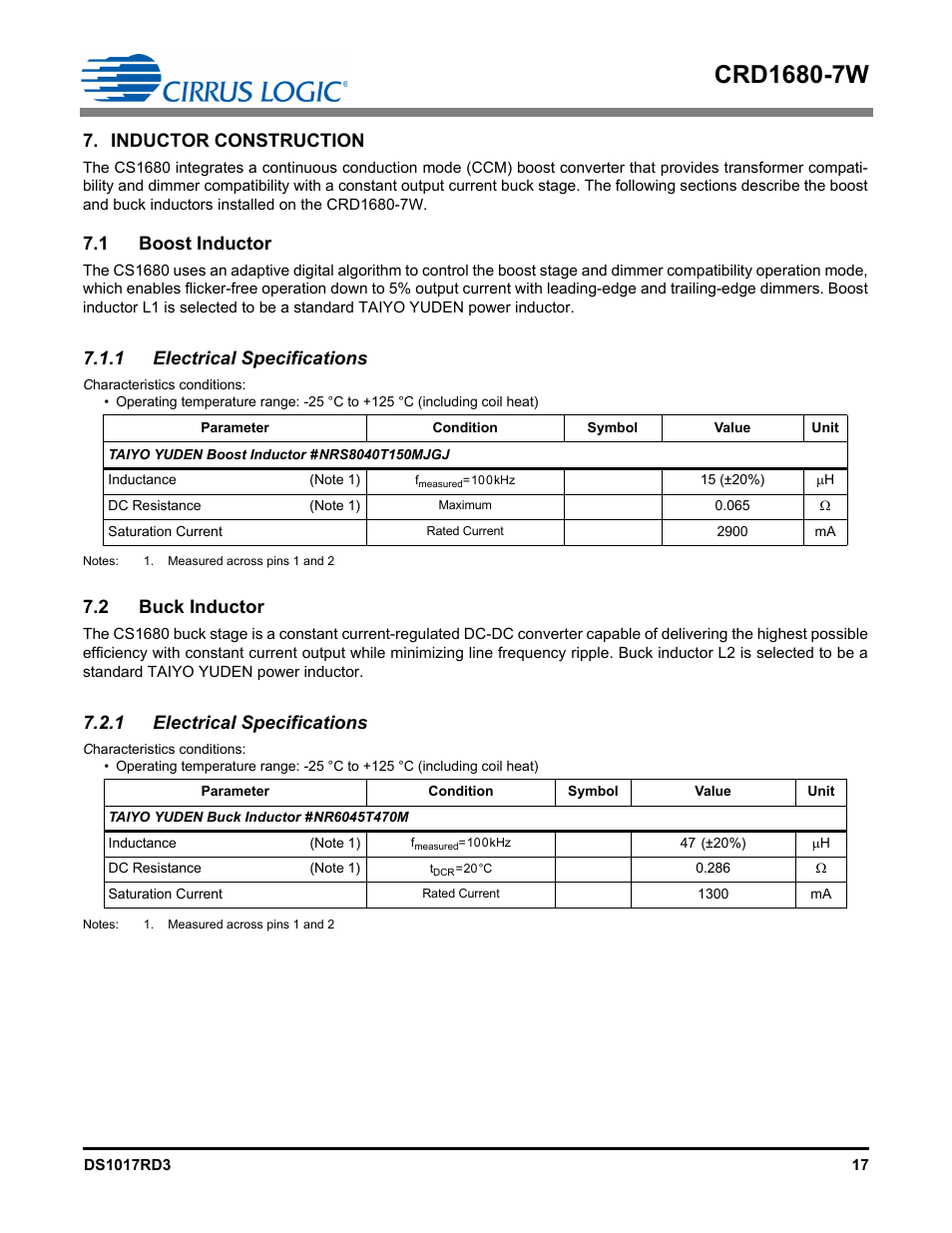 Inductor construction, 1 boost inductor, 1 electrical specifications | 2 buck inductor | Cirrus Logic CRD1680-7W User Manual | Page 17 / 31