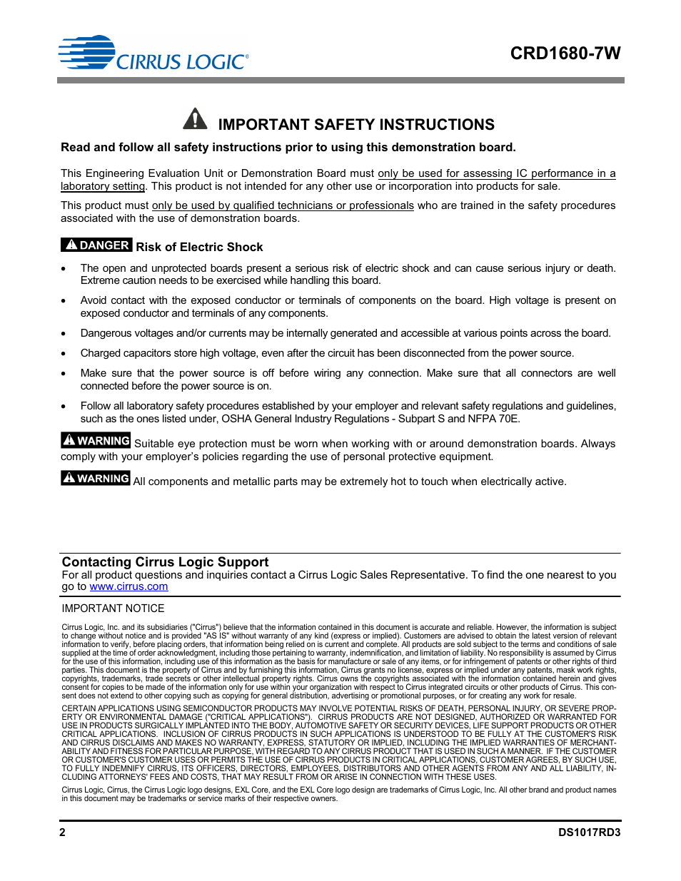 Important safety instructions | Cirrus Logic CRD1680-7W User Manual | Page 2 / 31