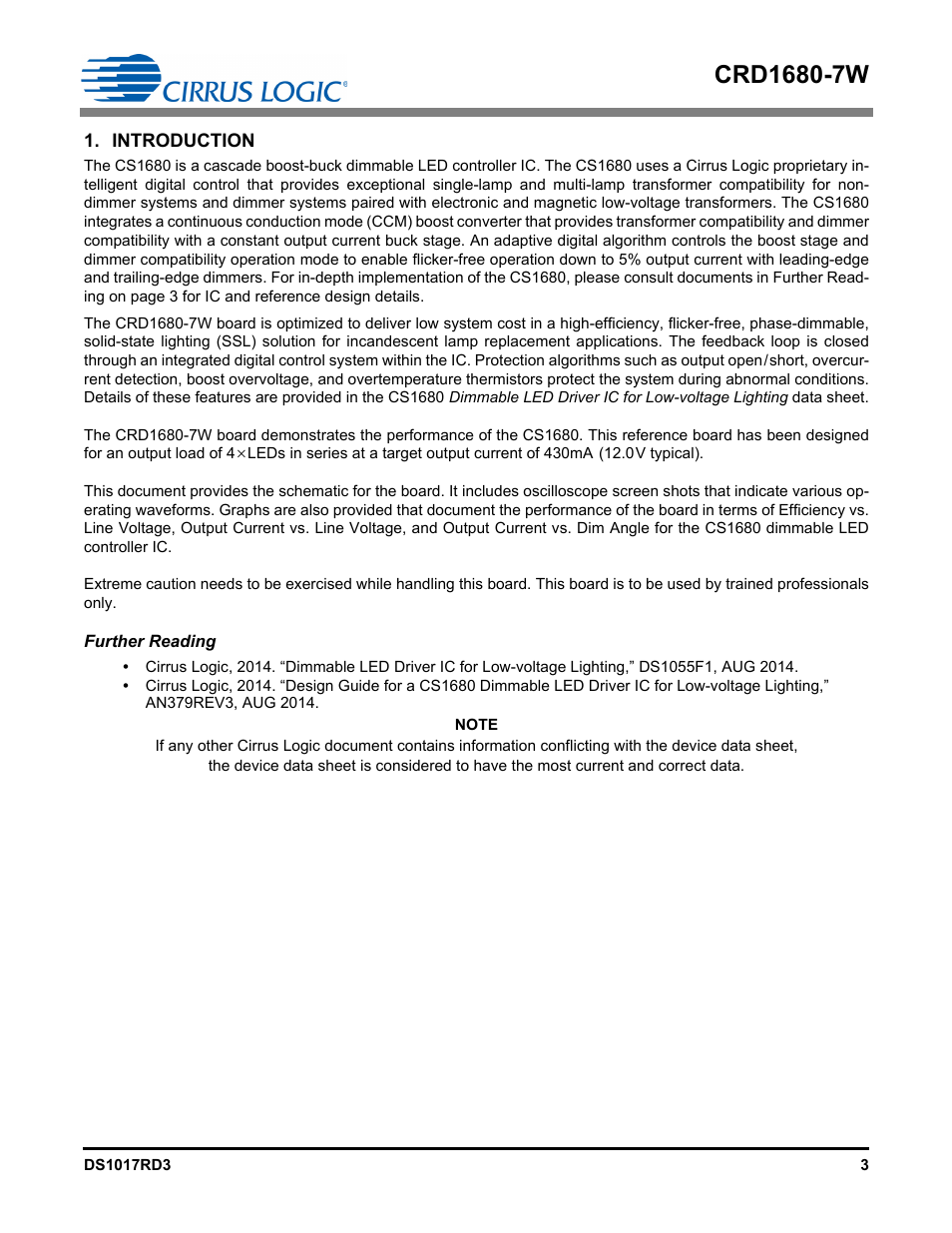 Introduction, Further reading | Cirrus Logic CRD1680-7W User Manual | Page 3 / 31