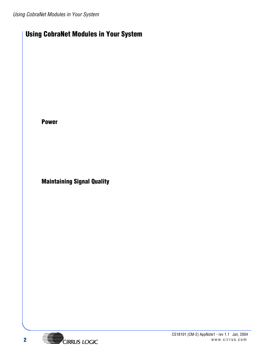 Using cobranet modules in your system, Power, Maintaining signal quality | Cirrus Logic AN Integrating CobraNet into Audio Products User Manual | Page 4 / 16