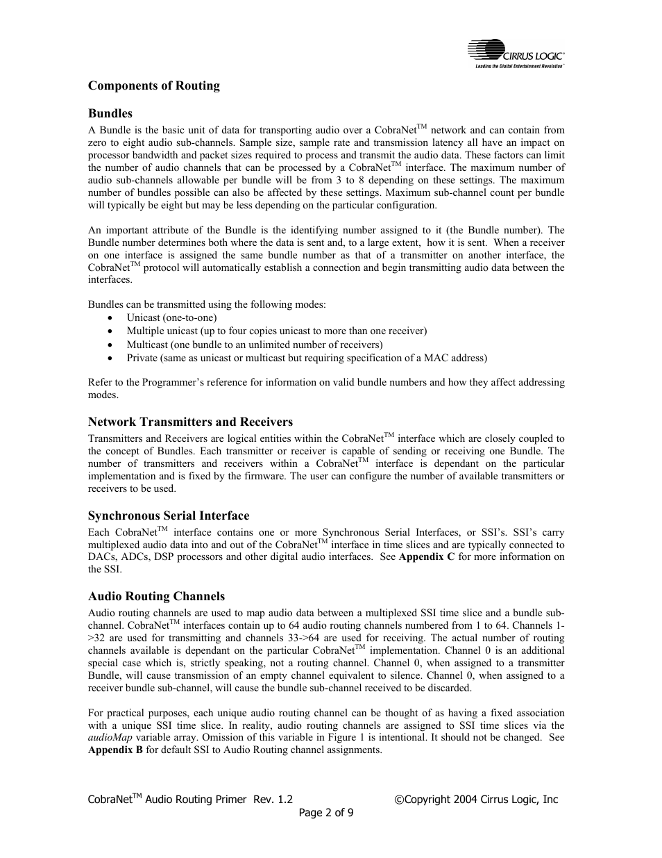 Components of routing, Bundles, Network transmitters and receivers | Synchronous serial interface, Audio routing channels, Components of routing bundles | Cirrus Logic CobraNet Audio Routing Primer User Manual | Page 2 / 9