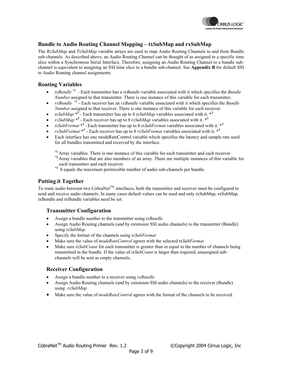 Bundle to audio routing channel mapping – txsubma, Routing variables, Putting it together | Transmitter configuration, Receiver configuration | Cirrus Logic CobraNet Audio Routing Primer User Manual | Page 3 / 9