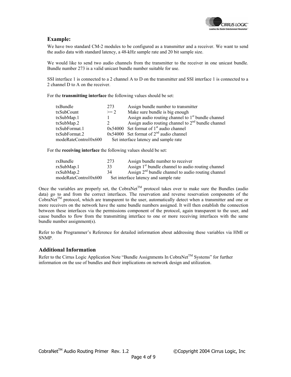 Example, Additional information | Cirrus Logic CobraNet Audio Routing Primer User Manual | Page 4 / 9