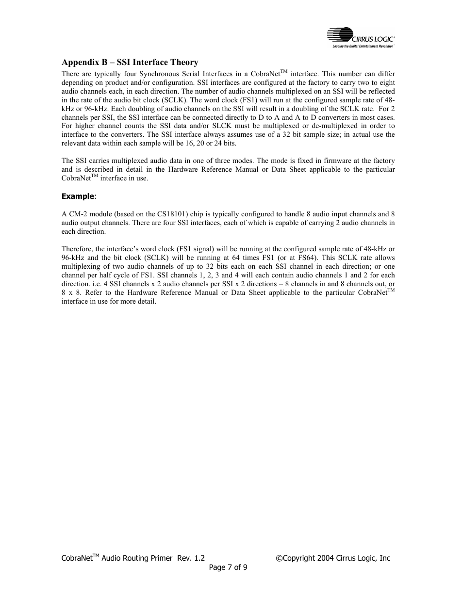 Appendix b – ssi interface theory | Cirrus Logic CobraNet Audio Routing Primer User Manual | Page 7 / 9