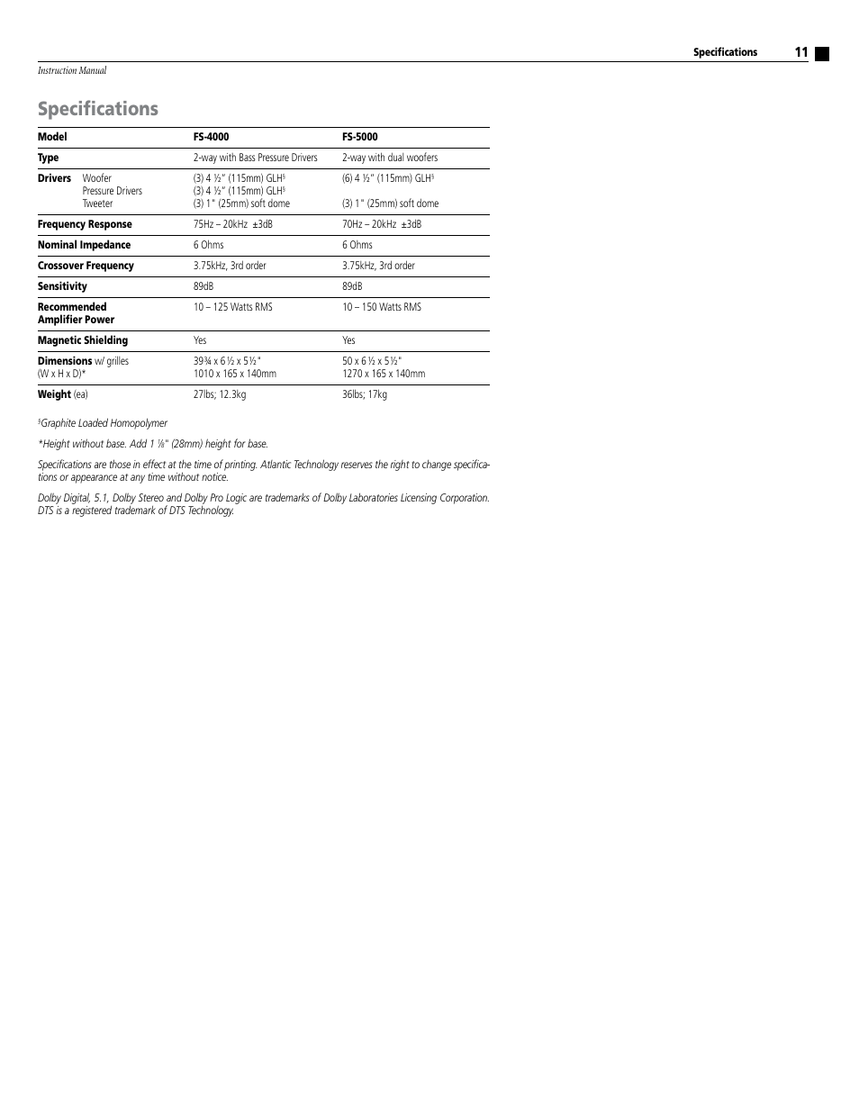 Specifications | Atlantic Technology FS-4000 User Manual | Page 11 / 12