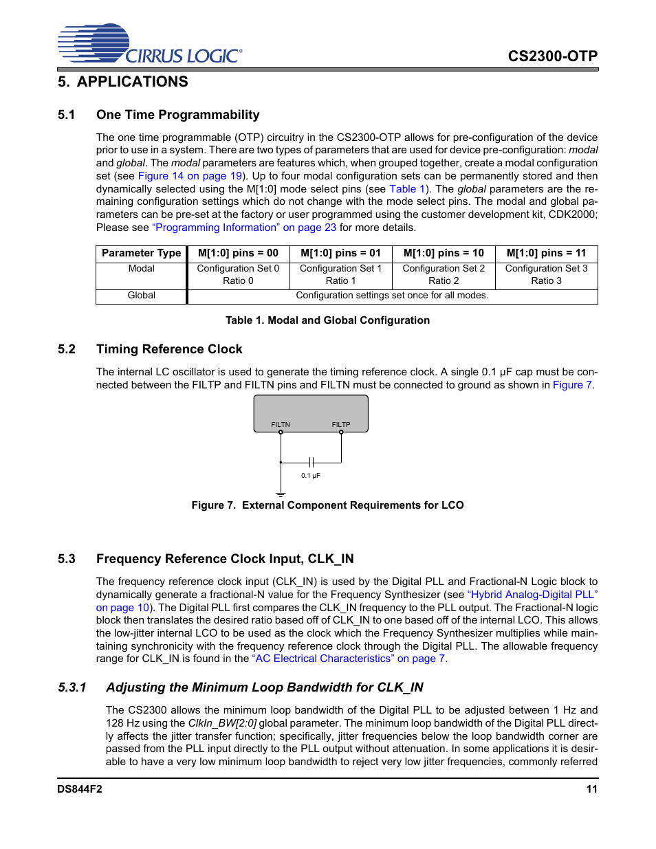 Applications, 1 one time programmability, Table 1. modal and global configuration | 2 timing reference clock, Figure 7. external component requirements for lco, 3 frequency reference clock input, clk_in, 1 adjusting the minimum loop bandwidth for clk_in, Cs2300-otp | Cirrus Logic CS2300-OTP User Manual | Page 11 / 26