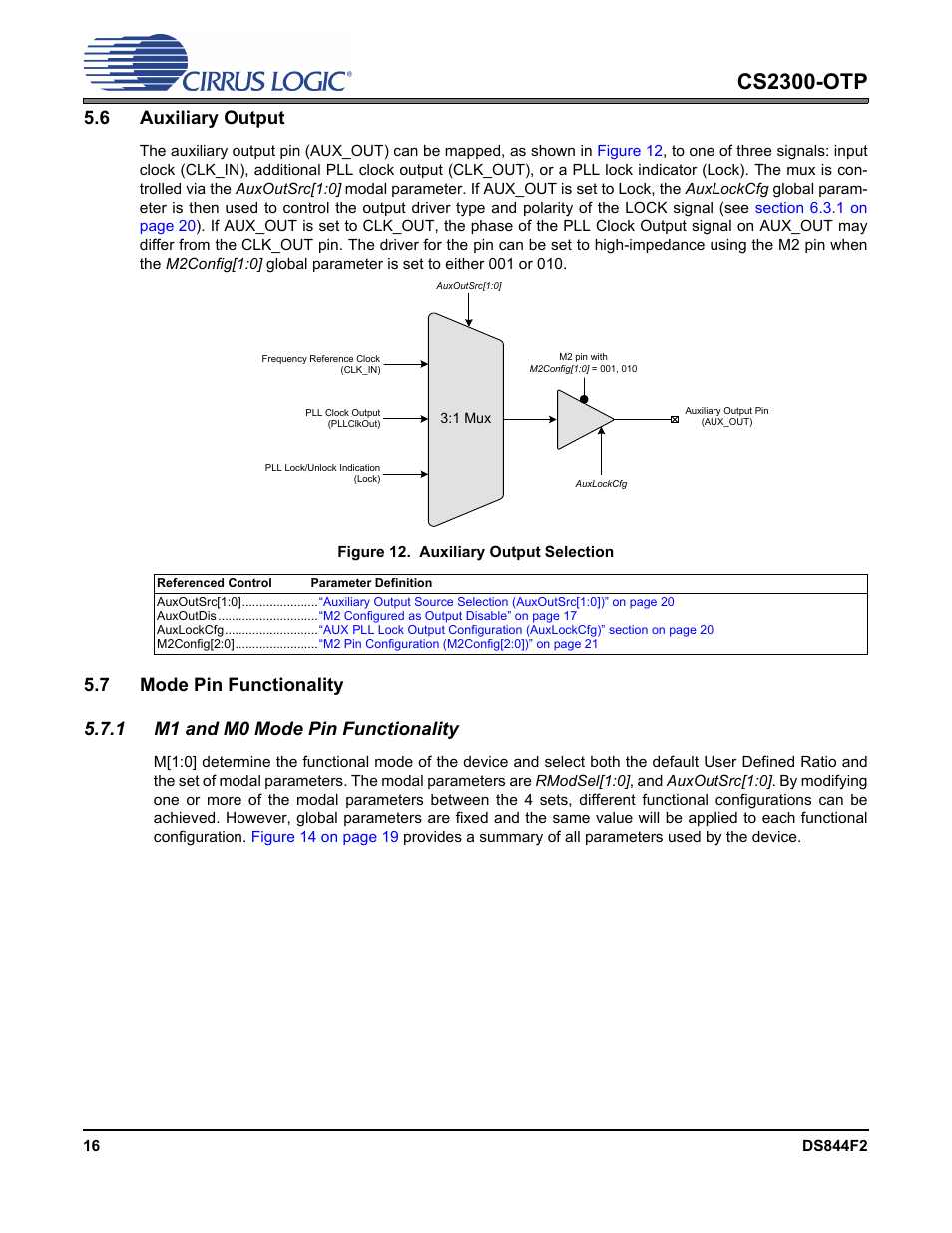 6 auxiliary output, Figure 12. auxiliary output selection, 7 mode pin functionality | 1 m1 and m0 mode pin functionality, 6 auxiliary output 5.7 mode pin functionality, Cs2300-otp | Cirrus Logic CS2300-OTP User Manual | Page 16 / 26