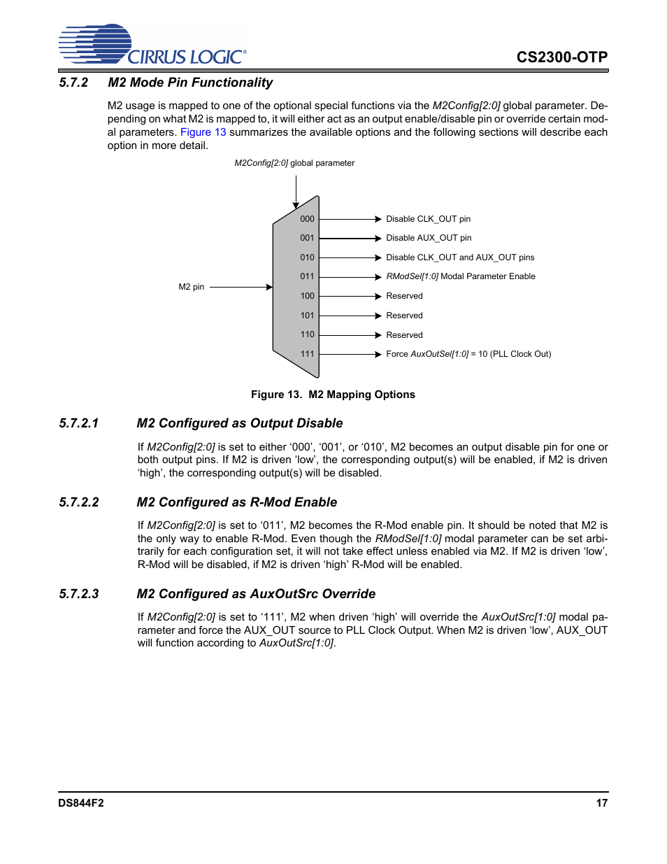 2 m2 mode pin functionality, Figure 13. m2 mapping options, Cs2300-otp | 1 m2 configured as output disable, 2 m2 configured as r-mod enable, 3 m2 configured as auxoutsrc override | Cirrus Logic CS2300-OTP User Manual | Page 17 / 26
