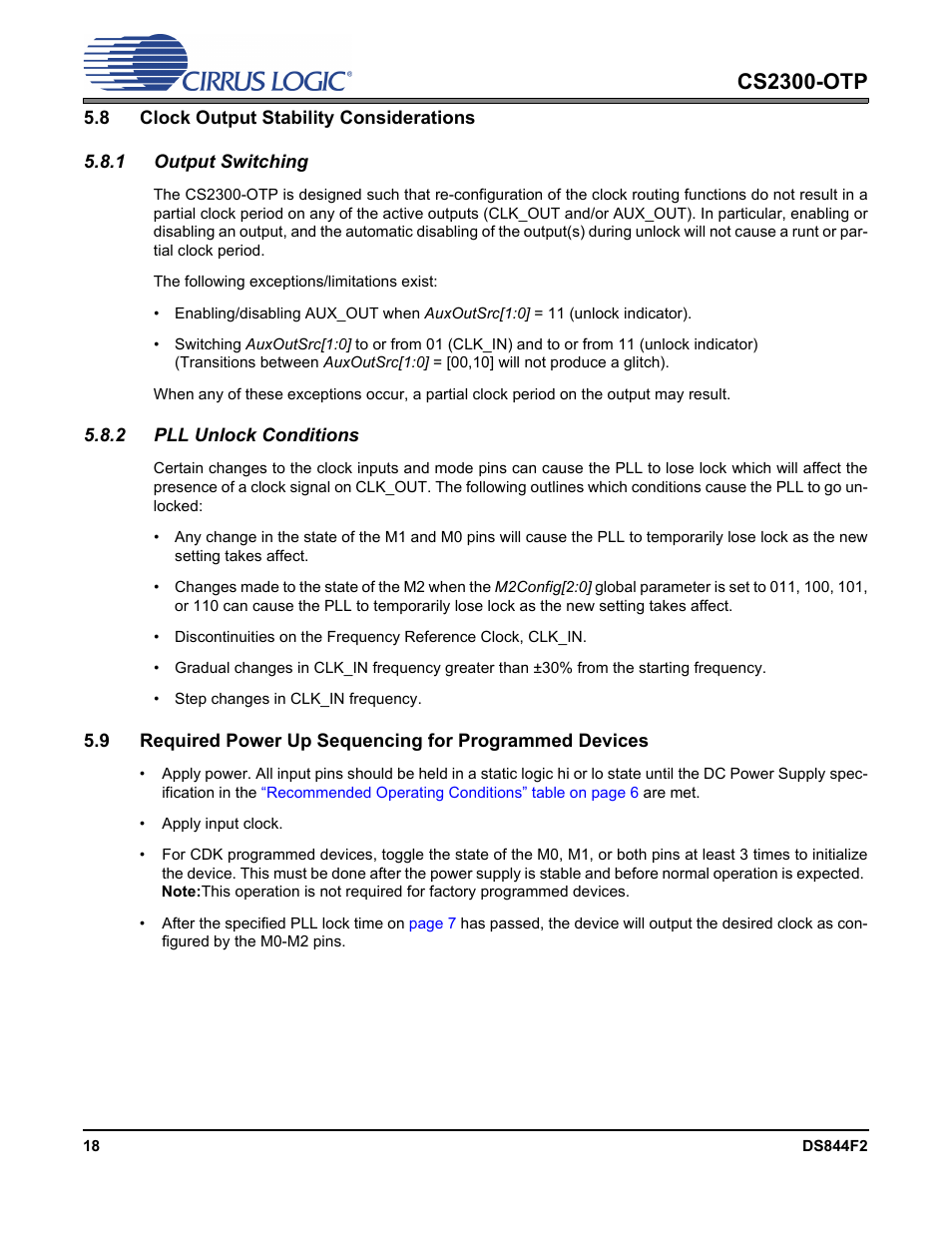 8 clock output stability considerations, 1 output switching, 2 pll unlock conditions | 1 output switching 5.8.2 pll unlock conditions, Section, Cs2300-otp | Cirrus Logic CS2300-OTP User Manual | Page 18 / 26