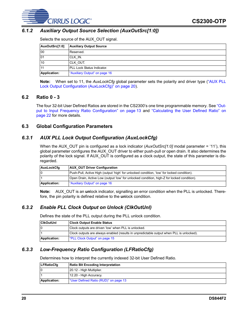 2 ratio 0 - 3, 3 global configuration parameters, 1 aux pll lock output configuration (auxlockcfg) | 2 enable pll clock output on unlock (clkoutunl), 3 low-frequency ratio configuration (lfratiocfg), 2 ratio 0 - 3 6.3 global configuration parameters, Section 6.3.1 on, Cs2300-otp | Cirrus Logic CS2300-OTP User Manual | Page 20 / 26