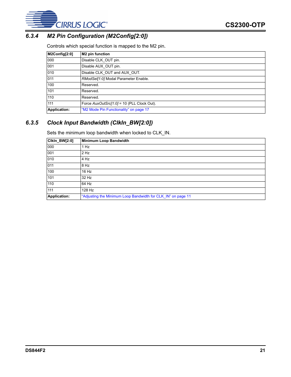 4 m2 pin configuration (m2config[2:0]), 5 clock input bandwidth (clkin_bw[2:0]), Cs2300-otp | Cirrus Logic CS2300-OTP User Manual | Page 21 / 26