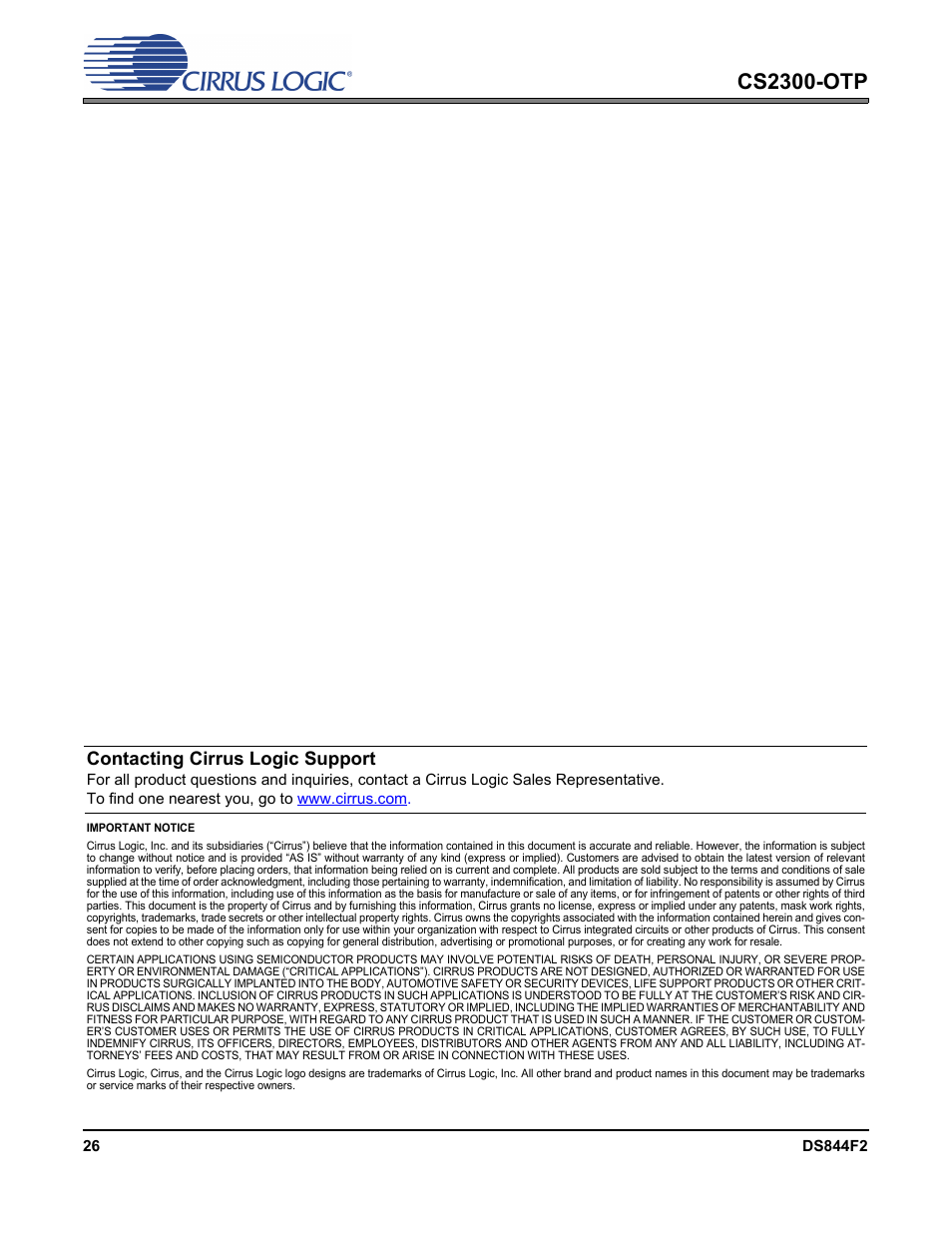 Cs2300-otp, Contacting cirrus logic support | Cirrus Logic CS2300-OTP User Manual | Page 26 / 26