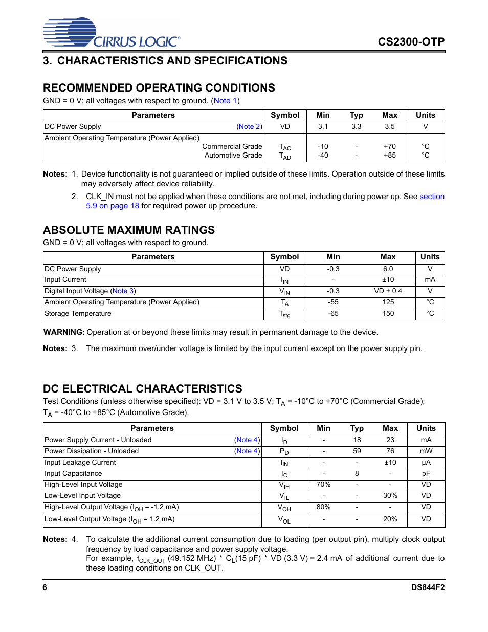 Characteristics and specifications, Recommended operating conditions, Absolute maximum ratings | Dc electrical characteristics, Cs2300-otp | Cirrus Logic CS2300-OTP User Manual | Page 6 / 26