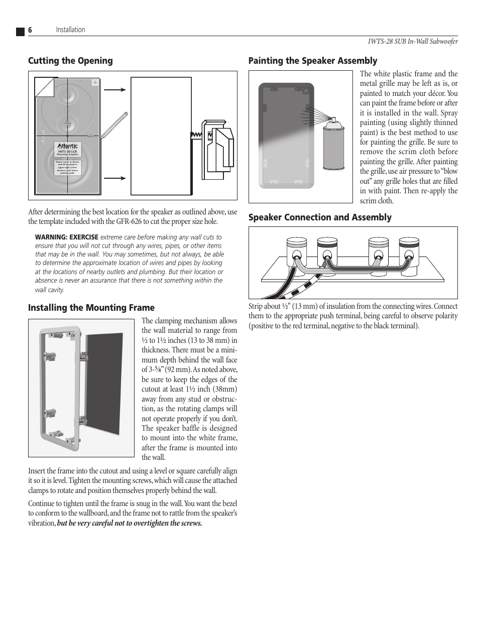 Installing the mounting frame, Cutting the opening, Painting the speaker assembly | Speaker connection and assembly, 6iwts-28 sub in-wall subwoofer, Installation | Atlantic Technology IWTS-28 SUB User Manual | Page 6 / 8