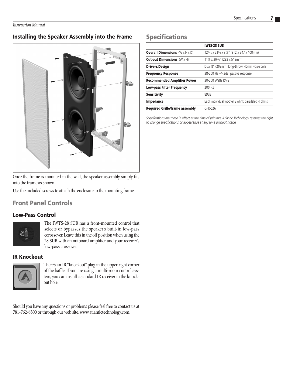 Front panel controls, Specifications, Installing the speaker assembly into the frame | Low-pass control, Ir knockout | Atlantic Technology IWTS-28 SUB User Manual | Page 7 / 8