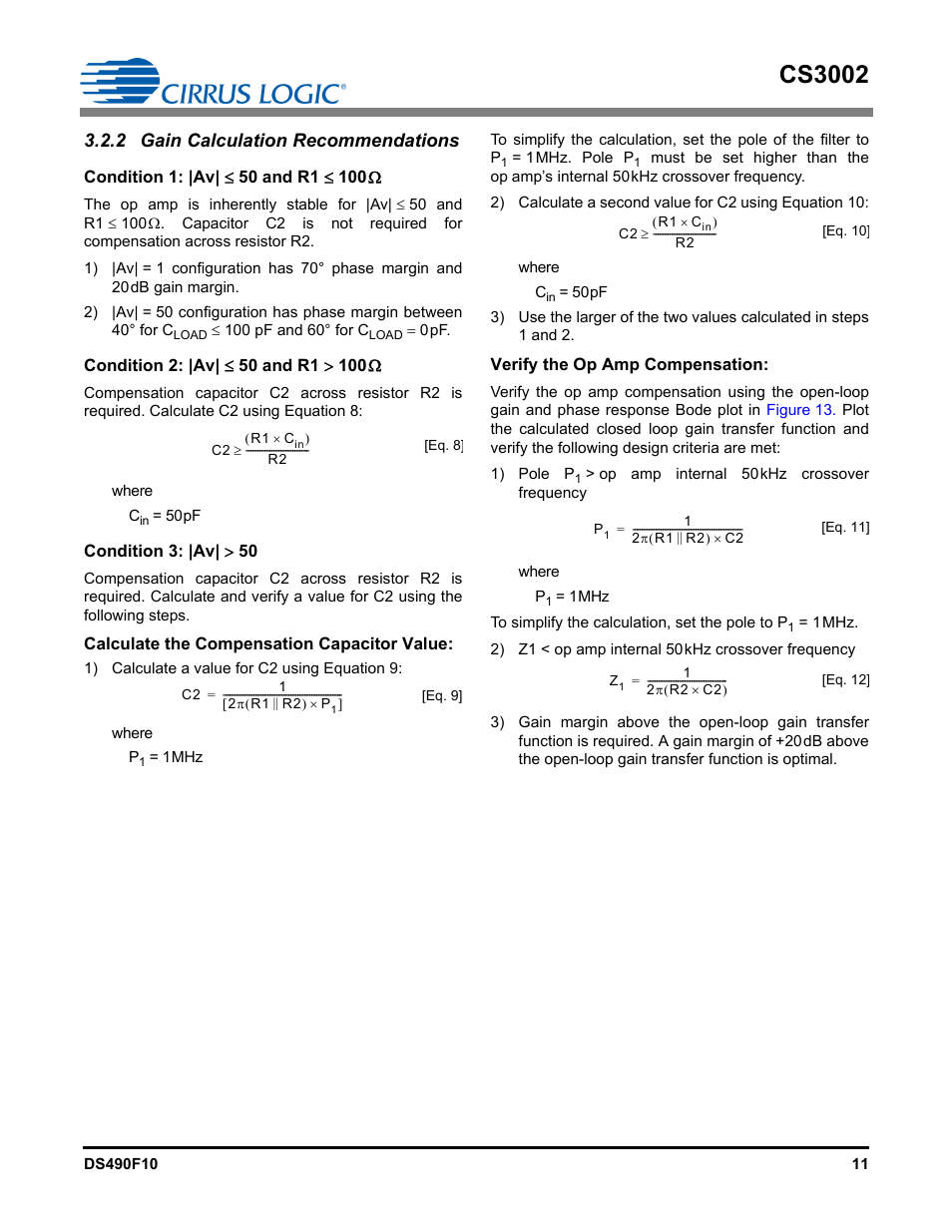 2 gain calculation recommendations, Calculate the compensation capacitor value, Verify the op amp compensation | Cs3002 | Cirrus Logic CS3002 User Manual | Page 11 / 14