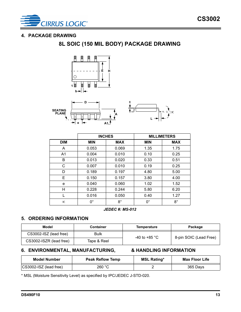 Package drawing, Ordering information, Cs3002 | 8l soic (150 mil body) package drawing | Cirrus Logic CS3002 User Manual | Page 13 / 14