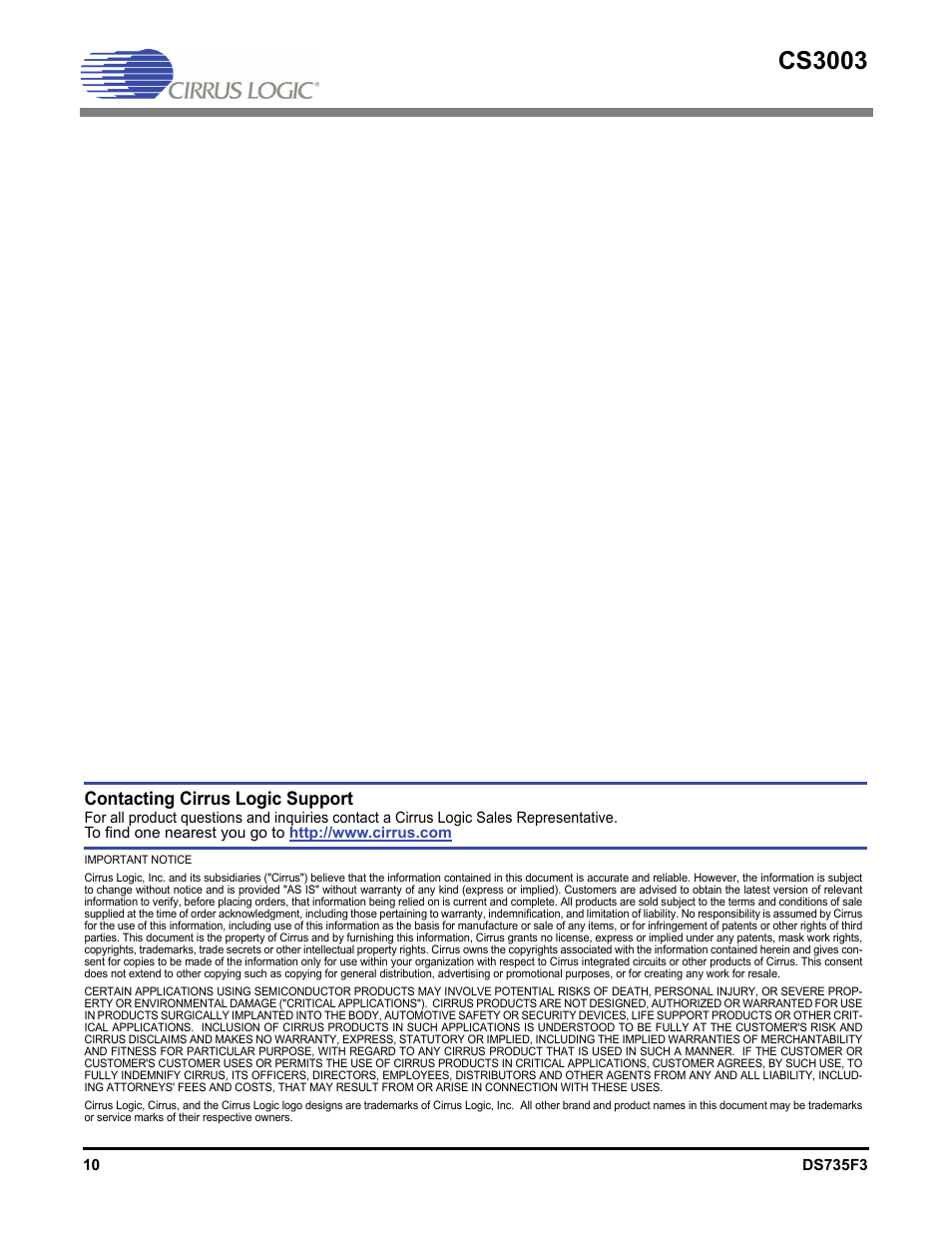 Cs3003, Contacting cirrus logic support | Cirrus Logic CS3003 User Manual | Page 10 / 10