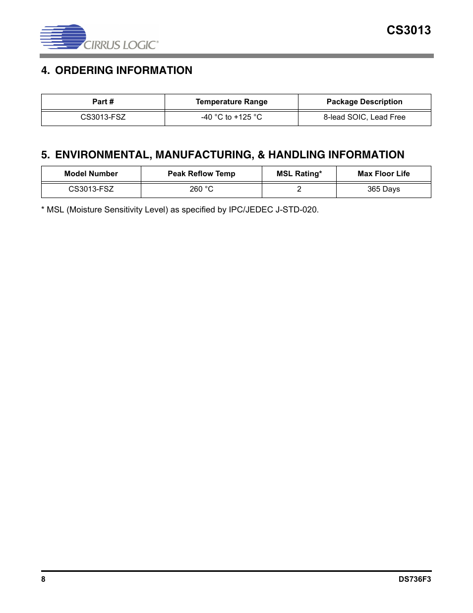 Ordering information, Cs3013 | Cirrus Logic CS3013 User Manual | Page 8 / 10