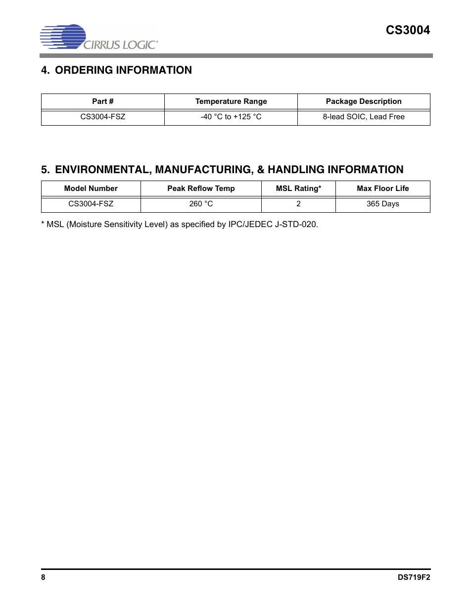 Ordering information, Cs3004 | Cirrus Logic CS3004 User Manual | Page 8 / 10