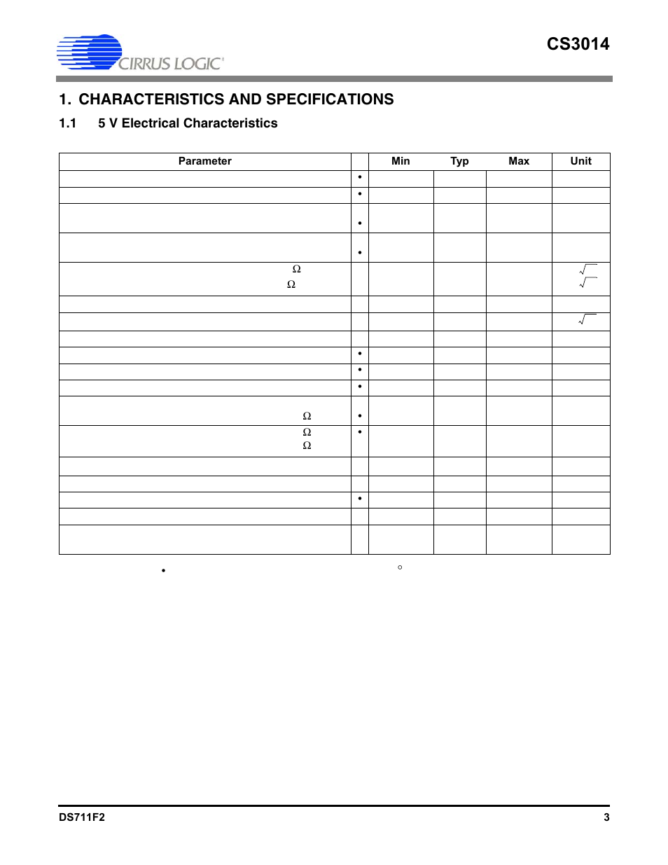 Characteristics and specifications, 1 5 v electrical characteristics, Cs3014 | Cirrus Logic CS3014 User Manual | Page 3 / 10