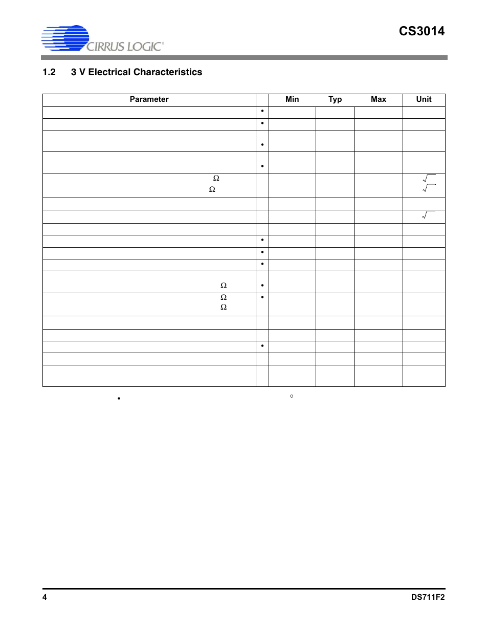 2 3 v electrical characteristics, Cs3014 | Cirrus Logic CS3014 User Manual | Page 4 / 10